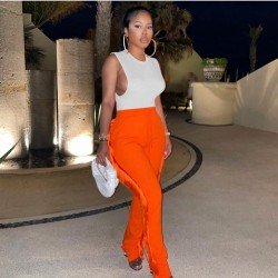 Tassel Elastic Waist Solid Women Trouser Pants