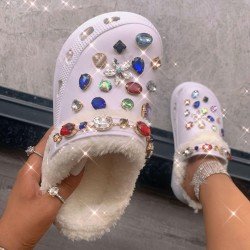 Plush Rhinestone White Spring Slippers For Women  Plush Rhinestone White Spring Slippers For Women