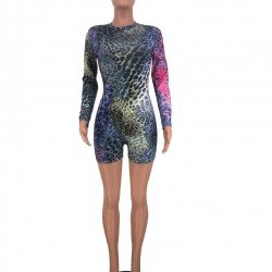 Leopard Skinny Long Sleeve Multicolored Short Rompers