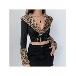 Leopard Patchwork Black Low Cut Crop Tops
