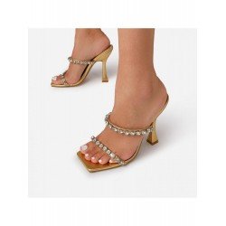 Square Toe Rhinestone Heeled Slippers For Women Square Toe Rhinestone Heeled Slippers For Women