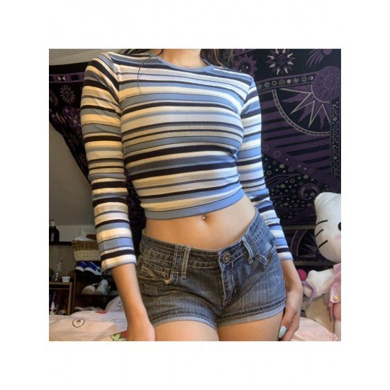  2024 Autumn Crew Neck Striped Women's Crop T-Shirt