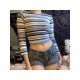 2024 Autumn Crew Neck Striped Women's Crop T-Shirt