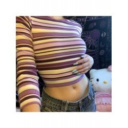  2024 Autumn Crew Neck Striped Women's Crop T-Shirt