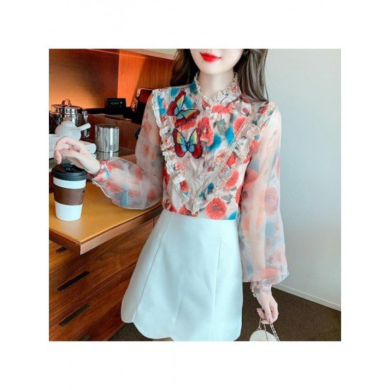  2024 Autumn Butterfly Embroidery Chiffon Shirt