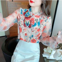  2024 Autumn Butterfly Embroidery Chiffon Shirt