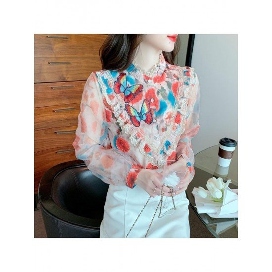  2024 Autumn Butterfly Embroidery Chiffon Shirt