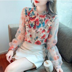 2024 Autumn Butterfly Embroidery Chiffon Shirt
