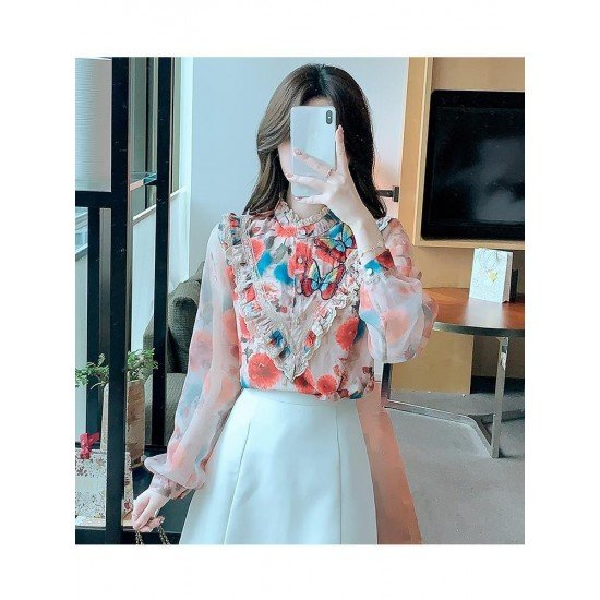  2024 Autumn Butterfly Embroidery Chiffon Shirt