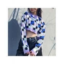  Fall Round Neck Plaid Crop Women's Knitwear