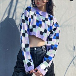  Fall Round Neck Plaid Crop Women's Knitwear