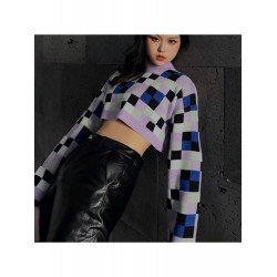 Fall Round Neck Plaid Crop Women's Knitwear  Fall Round Neck Plaid Crop Women's Knitwear