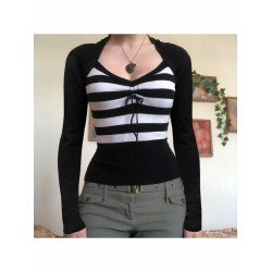 New Patchwork Black Striped Long Sleeve Tops