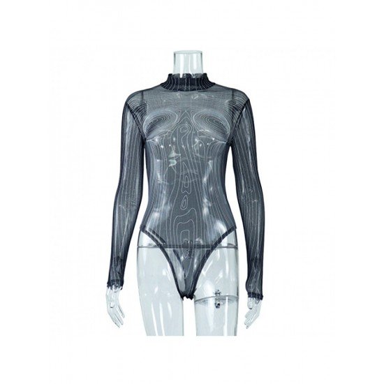 Sexy See Through Black Mock Neck Long Sleeve Bodysuits