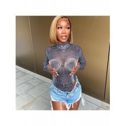 Sexy See Through Black Mock Neck Long Sleeve Bodysuits