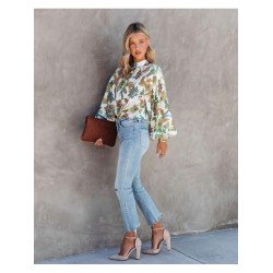 2024 Standing Collar Lantern Sleeve Printing Women's Shirt  2024 Standing Collar Lantern Sleeve Printing Women's Shirt