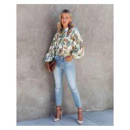  2024 Standing Collar Lantern Sleeve Printing Women's Shirt