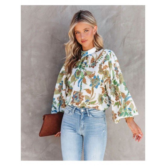 2024 Standing Collar Lantern Sleeve Printing Women's Shirt 2024 Standing Collar Lantern Sleeve Printing Women's Shirt