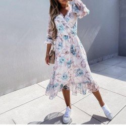 V Neck Ruffles Printed Vacation Fall Dresses