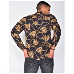 Casual Chain Printed Stand Collar Long Sleeve Men Shirts Casual Chain Printed Stand Collar Long Sleeve Men Shirts