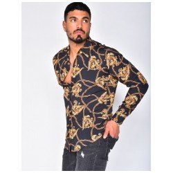 Casual Chain Printed Stand Collar Long Sleeve Men Shirts Casual Chain Printed Stand Collar Long Sleeve Men Shirts