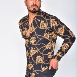 Casual Chain Printed Stand Collar Long Sleeve Men Shirts