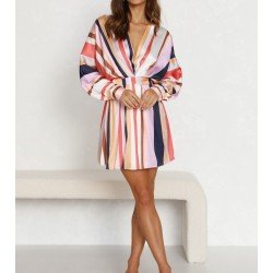 Striped V Neck Loose Long Sleeve Short Dress