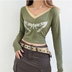  Butterfly Graphic V Neck Ladies Tops