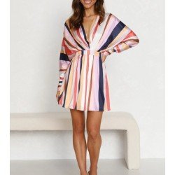 Striped V Neck Loose Long Sleeve Short Dress