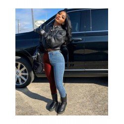 Denim Patchwork Contrast Color Pencil Jeans Denim Patchwork Contrast Color Pencil Jeans