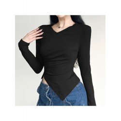 Asymmetry Black V Neck Fitted T Shirts