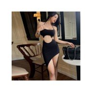 Sexy Black Cut Out Slit Halter Dress