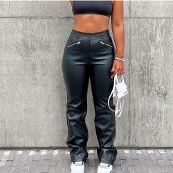  PU Pure Color High Waist Zipper Casual Pants