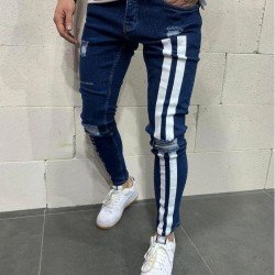Blue Ripped Printed Skinny Jeans For Men