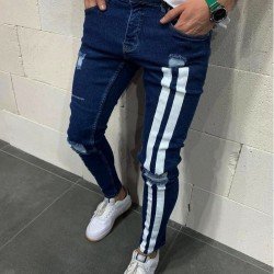 Blue Ripped Printed Skinny Jeans For Men