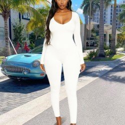  Pure Color U Neck Women's Skinny Jumpsuit