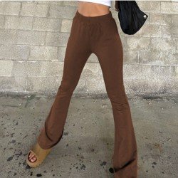Y2K Style Solid Elastic Waist Flare Trousers