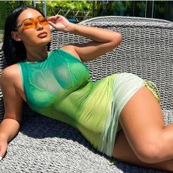 Gradient Color Halter Bikini And See Through Dress Sets