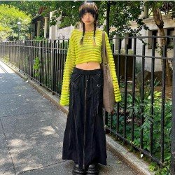 Street Zip Y2K Style Black Denim Maxi Skirts