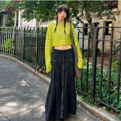 Street Zip Y2K Style Black Denim Maxi Skirts