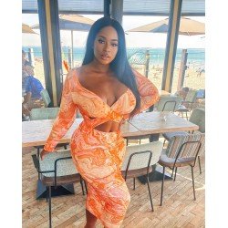 Sexy Tie-dyed Hollowed-out V-Neck Long Sleeve Dress Sexy Tie-dyed Hollowed-out V-Neck Long Sleeve Dress