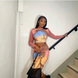  Fashion Figure Pattern Top And Hip Skirt Suit