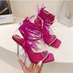  PU Rhinestone Square Head High Heels