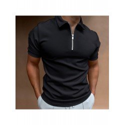 Men's Solid Color Zipper Short Sleeve Polo Shirt  Men's Solid Color Zipper Short Sleeve Polo Shirt