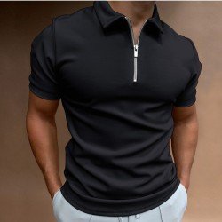  Men's Solid Color Zipper Short Sleeve Polo Shirt