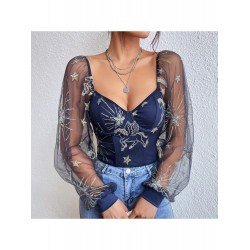 Stylish Embroidery Lantern Sleeve Ladies Tops