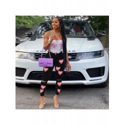 Ripped Heart Pattern Black Pencil Jean Trousers