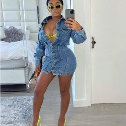 Fall Solid Long Sleeve Denim Short Dress