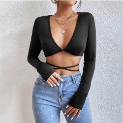 Sexy Fall V Neck Tie Wrap Crop Tops