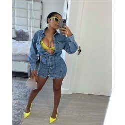 Fall Solid Long Sleeve Denim Short Dress Fall Solid Long Sleeve Denim Short Dress
